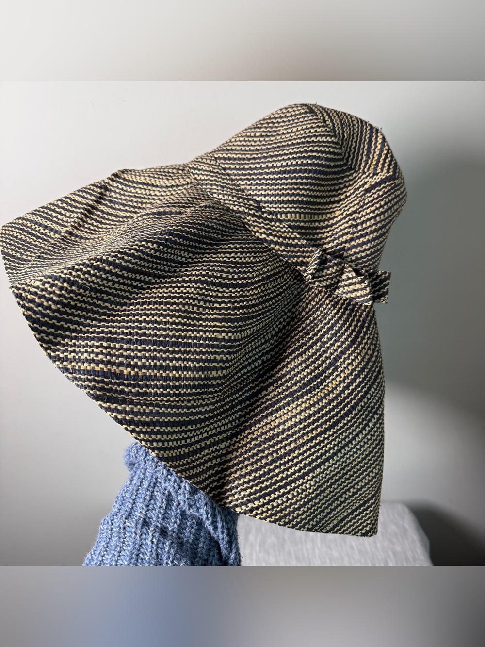 Woven Straw Wide Brim Sun Hat Navy Natural Stripe Floppy Packable Bucket Bow